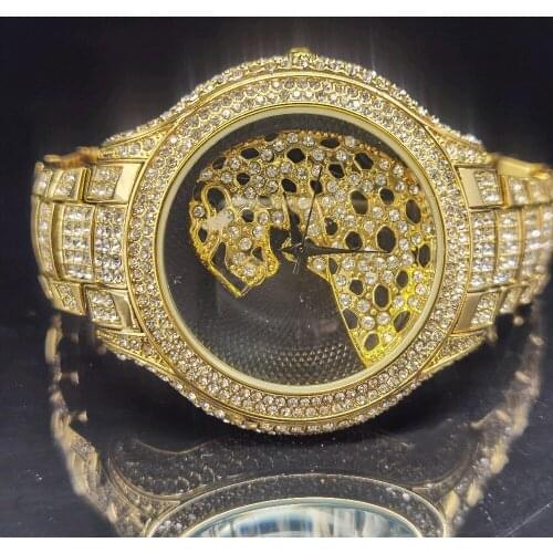 MISSFOX Leopard Full Diamond Mens Watch Top Brand Classic Style Luxury Watches Man Hiphop Fashion Party Man Wristwatch Quartz