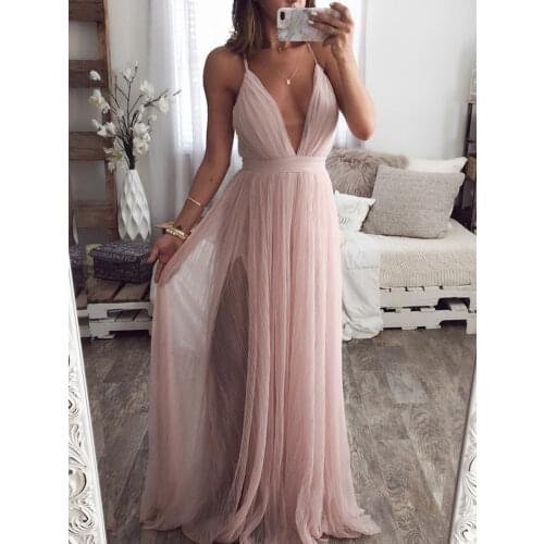 BerryGo Strap striped mesh lace split women dress Sexy deep v neck backless maxi dress Autumn winter long party dress vestidos