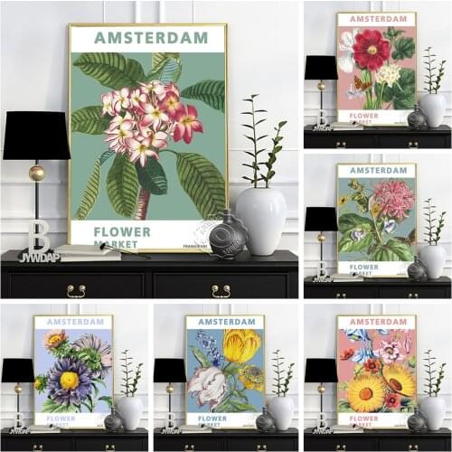 Amsterdam Flower Market Poster, Sunfloer Frangipani Daffodil Hollyhock Aster Prints, Nordic Plant Wall Art, Flower Market Prints