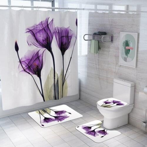 Drop Shipping 4PCS/set Purple Flower Bathroom Mats Shower Curtain Non-Slip Rug Lid Toilet Cover Bath Mat Set Home Decor