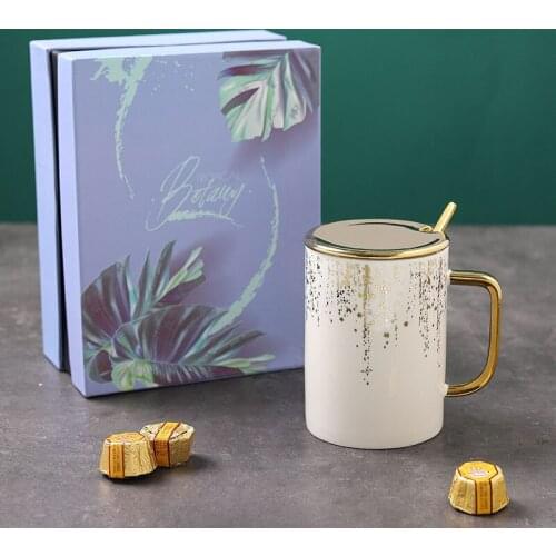 Nordic Light Luxury Ceramic Mug Couple Pair Cup Gold Coffee Cup Large Capacity 500ml Breakfast Cup with Lid Spoon gift