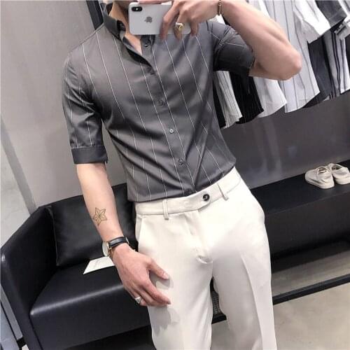 2021 Summer Striped Mens Shirt Half Sleeve Business Formal Dress Shirts Casual Slim Fit Streetwear Shirt Social Party Blouse