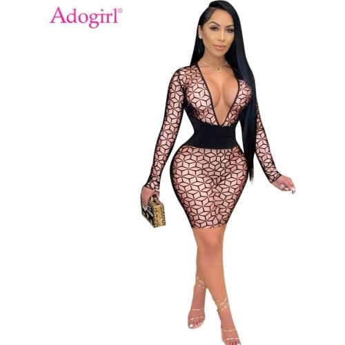 Adogirl Sexy Geometric Patchwork Women Bodycon Mini Dress Deep V Neck Long Sleeve Short Vestidos Night Club Party Fall Robes