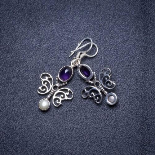 Natural Amethyst and River Pearl Handmade Unique 925 Sterling Silver Earrings 1.75" X4787