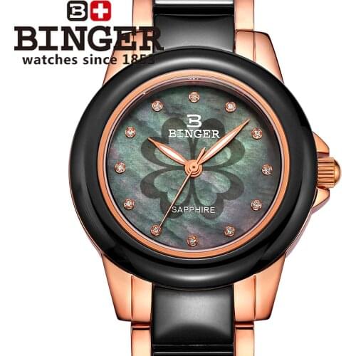 Switzerland Binger ceramic Womens watches fashion watch Women quartz Ceramic clock Round rhinestone Wristwatches B-1120L-2