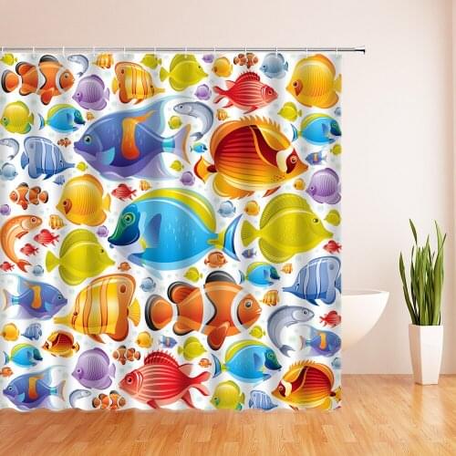 Ocean Colorful Fish Cartoon Shower Curtains Sea Animals Bathroom Decor Waterproof Polyester Fabric Bath Cloth Curtain With Hooks