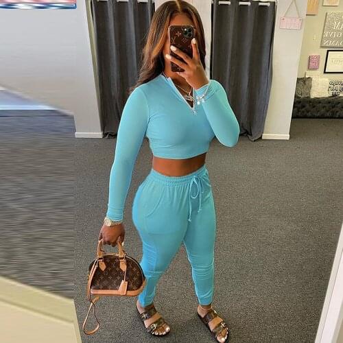 Womens Tracksuit Solid Zipper Front Long Sleeve Cropped Top and Drawstring Elastic Waist Pencil Sweatpant Casual Matching Set