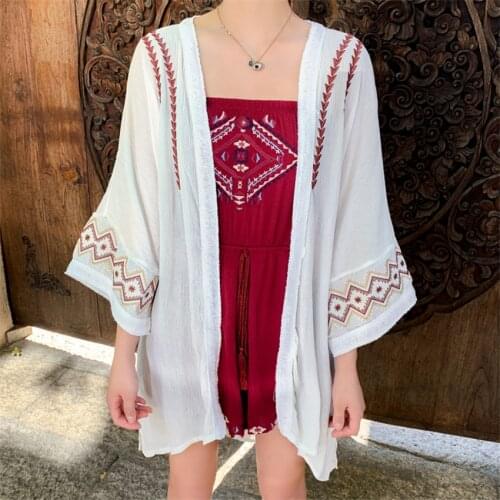 Summer Thin Sunscreen Cardigan Boho Retro Embroidery Kimono Cardigans Women Full Sleeve Casual Loose Cotton Linen Long Shirt