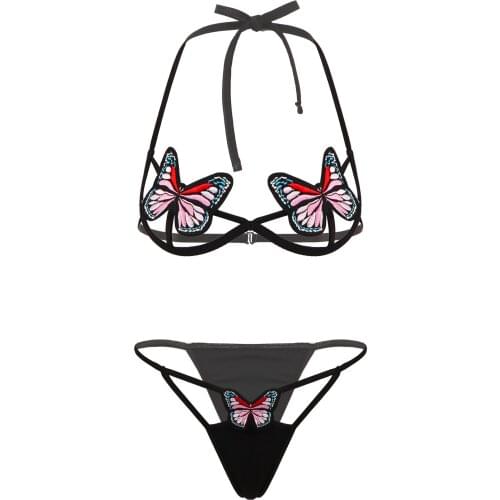 Womens Erotic Lingerie Suit Butterfly Embroidery Hollow Out Sleepwear Lace-up Halter Neck Bra with T-back Sexy Underwear Set
