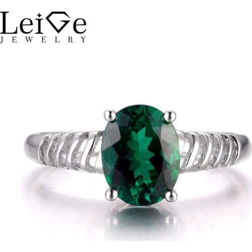 LeiGe Jewelry Emerald Anniversary Rings May Birthstone Oval Cut Green Gemstone Real 925 Sterling Silver Simple Rings for Women