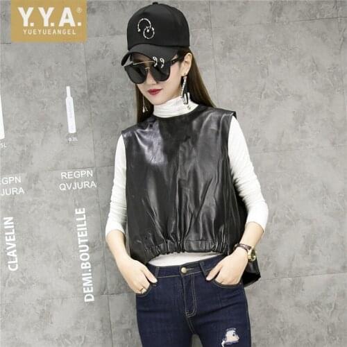 Fashion Women Real Leather Sleeveless Vest Tops Buttons Loose Fit O Neck Casual Natural Sheepskin Waistcoat Pullover Vests Coat