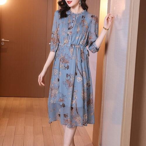 100% Silk Summer Dress 2021 Elegant Floral Dresses for Women Casual Midi Dress Korean Fashion Clothes Vestido De Mujer Pph3924