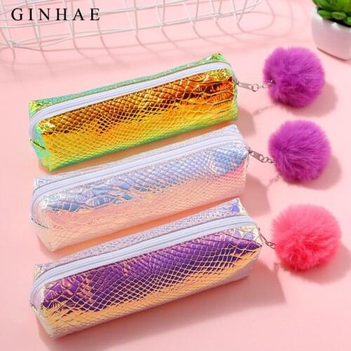 2021 PU Leather School Supplies Stationery Laser Alligator Pancil Case Girls Boy Gift Pencil Case Cute Hairball Pencil Box