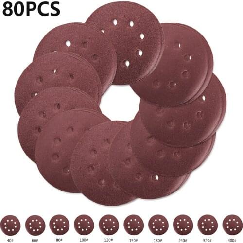 80pcs 5 Inch 125mm Round Sandpaper Eight Hole Disk Sand Sheets Grit 40-400 Hook and Loop Abrasives Sanding Disc Polish