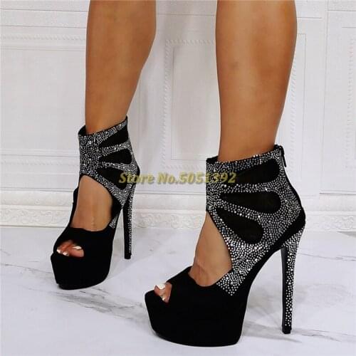 Crystal Platform Sandals Peep Toe Cut Out Ankle Zipper Black Suede Summer Autumn Spring Shoes Stiletto High Heels Women Shoes