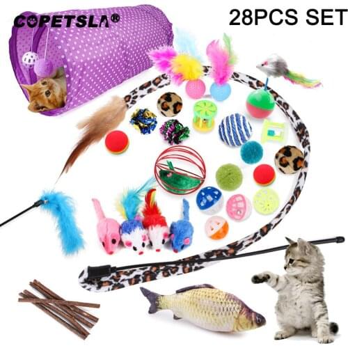 Copetsla 28Pcs Cat Toys Kit Collapsible Tunnel Cat toy Fun Bell Feather Mice Shape Pet Kitten Dog Cat Interactive Play Supplies