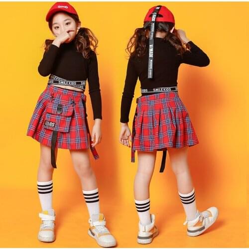 Children Jazz Dance Costume Black Sweatshirt Tops Plaid Skirt For Girls Hip Hop Clothing Cheerleader Uniform Ds Drum Stage Wear