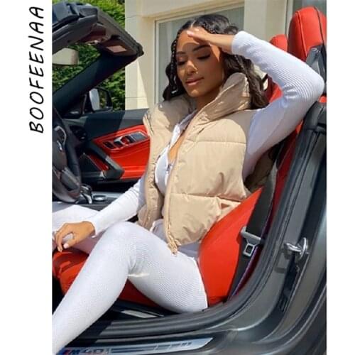 BOOFEENAA Fashion Zip Up Puffer Vest Cropped Jackets Womens Outerwear Winter Clothes 2021 Sleeveless Bubble Coat C82-DZ44