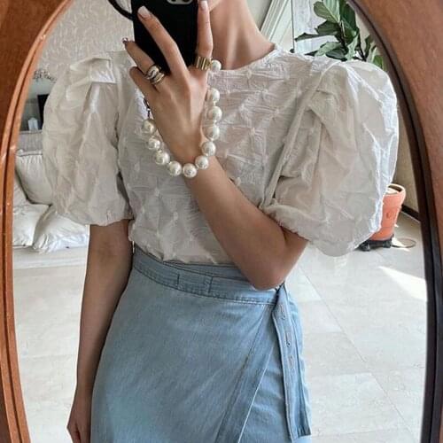 Korean O Neck Elegant Woman Shirt Summer 2021 Loose Puff Sleeve Pleated Blouse Women Fashion Casual Lady Tops Blusas Mujer 15369