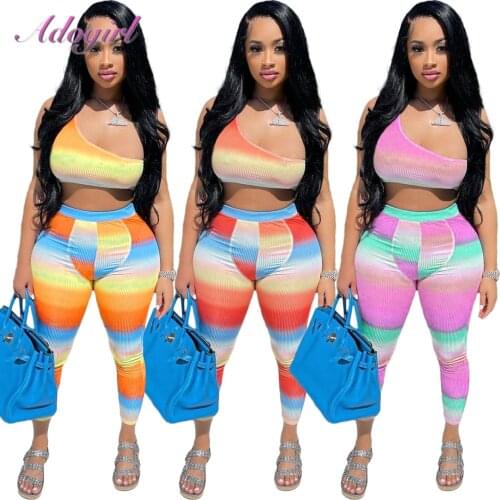 Rainbow Stripe Ribbed Two Piece Sets Summer Sexy One Shoulder Sleeveless Crop Top Vest Legging Pants Outfit Sportwear Tracksuit
