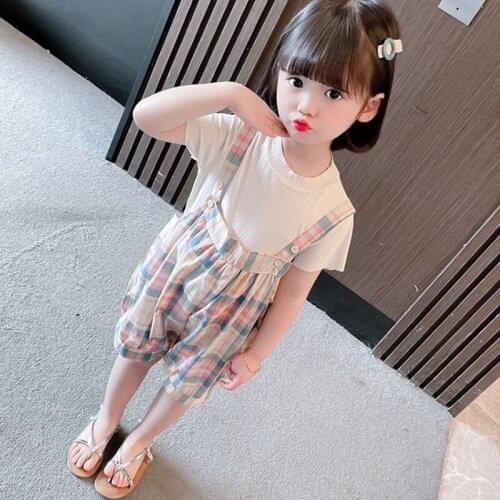 Summer Children Clothing Set Baby Girls Solid Short Sleeve Round Collar T-shirt+Plaid Overall Pant Casual Girls Two Piece Set