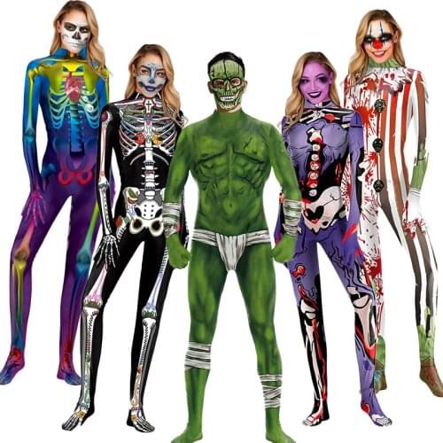 Halloween Costume 3D Zombie Skull Skeleton Cosplay Costume Symbiosis One-Piece Adult Clown Cosplay Jumpsuit Rompers C69C68