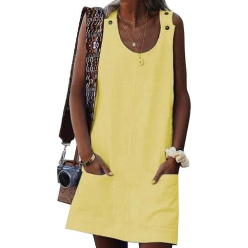 New Beach Casual Women Solid Color Pocket Mini Dress Sleeveless Button Sundress