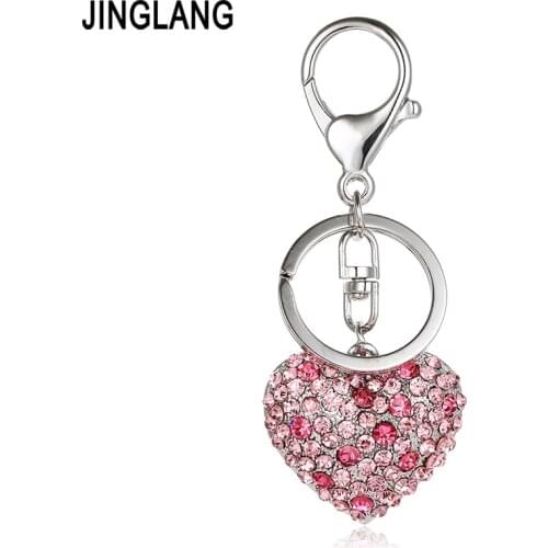 JINGLANG Fashion Silver Color Lobster Clasp Metal Keyring Dangle 3D Crystal Heart Charms Keychains For Lover Luxury Bag Jewelry