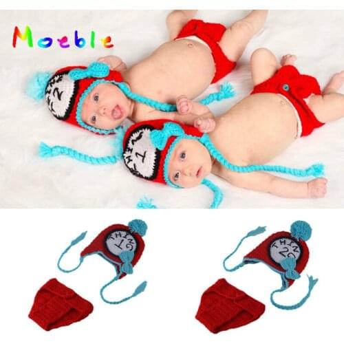 Unisex Newborn Baby TWINS Photography Props Crochet Baby Earflap Hat&diaper Set Knitted Twins Clothing Set For Photo MZS-16014
