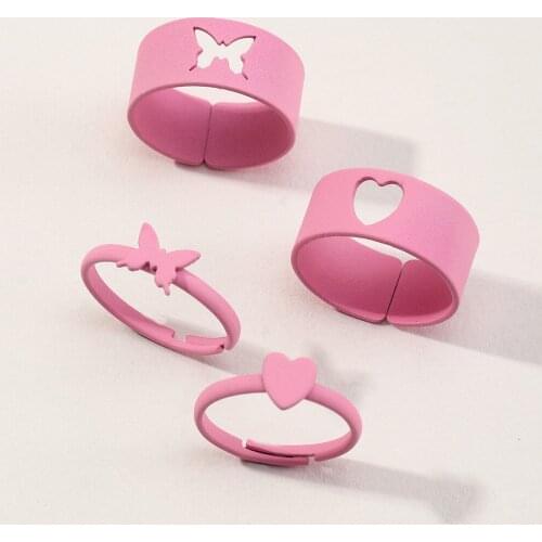 QiLuxy 4Pcs/Set Hollow Heart Butterfiy Opening Rings Set for Women Men Fashion Lover Couple Rings Adjustable Rings Jewelry Gifts