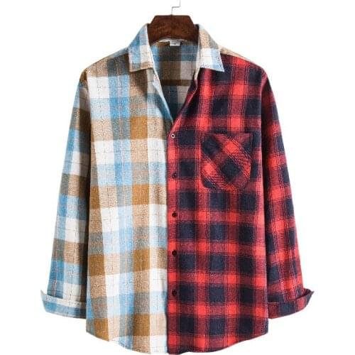 Latest Design Men Fashion Loose Patchwork Plaid Two Color Long Sleeve Shirt