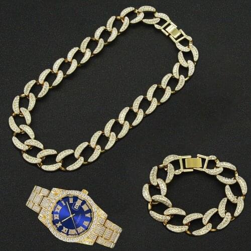 Hip Hop Full Iced Out 3pcs Kit 19MM Paved Rhinestone Choker Cuban Rapper Necklace+Watch+Bracelet For Men Women Charm Jewelry