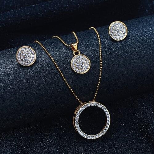 SHUANGR Vintage Gold Color Jewelry Set Austrian Crystal Classic Hollow Round 46cm Necklace Pendant Earrings Set