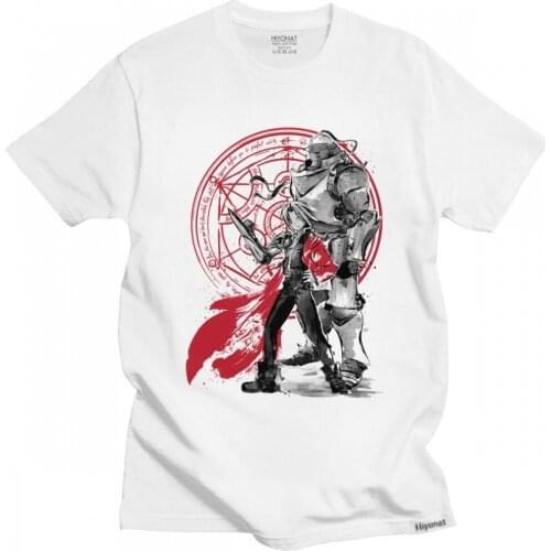 Stylish Mens Fullmetal Alchemist Brotherhood T-Shirt Short-Sleeve Cotton T Shirt Leisure Edward Elric Anime Manga Tee Clothing