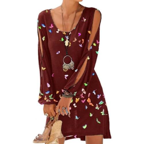 Robes summer dress Women Dress Butterfly Print O Neck Hollow Out Long Sleeve Loose Mini Dress for Beach dresses for women 2021