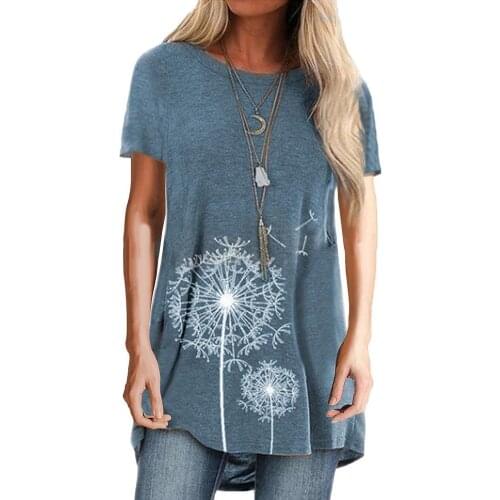 Women shirts Top Casual Solid Color Short Sleeve O Neck Dandelion Print Cotton T-shirt Lady Loose Tops Female Clothes Large Size