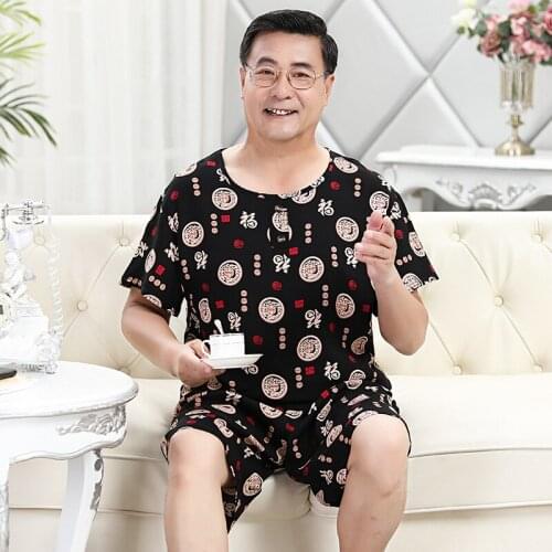L-4XL Middle Age Mens 2PCS Pajamas Suit Big Size Lounge Print Sleepwear Summer New Grandpa Home Wear Summer New Loose Nightwear