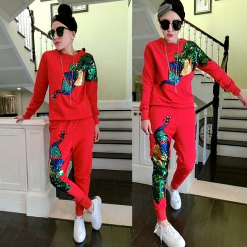 Fashion 2019 women 2 piece sets spring autumn casual long sleeve peacock sequins sweater long pants ladies two piece set AL