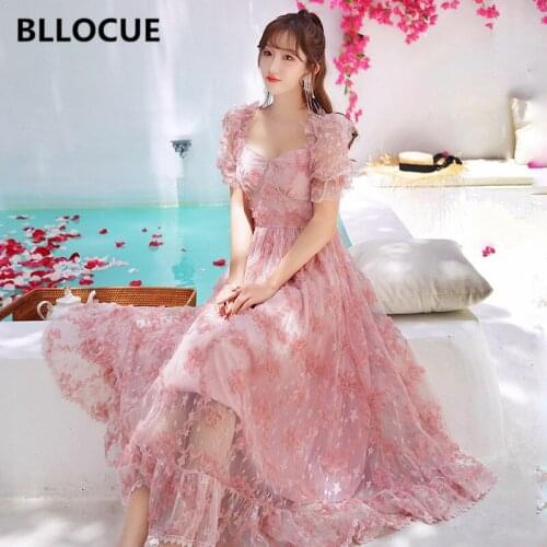 BLLOCUE Sweet Pink Lace Embroidery Dress 2020 Runway Designer Women Puff Sleeve Vintage Mesh Bohemian Seaside Vacation Dress