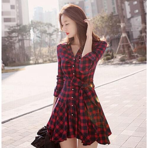 Women Dress Fashion V Neck Lady Autumn Casual Flannel Plaid Check Button Down Top Layer Lace Up Shirt Dress
