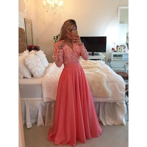 New Sexy lace chiffon Graduation Dresses with pearls Lady Fashion long sleeve Patchwork Prom Party Vestido Evening Robe 2021