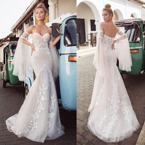 Sexy Sweetheart Neckline Mermaid Slim Champagne Wedding Dress with Detachable Sleeves Bridal Dress vestidos de novia con encaje