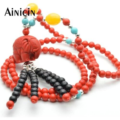 28'' Red Cinnabar Elephant Animal Pendant Black Stone Bead Tassel Sweater Chain Necklace Fashion Women Jewelry