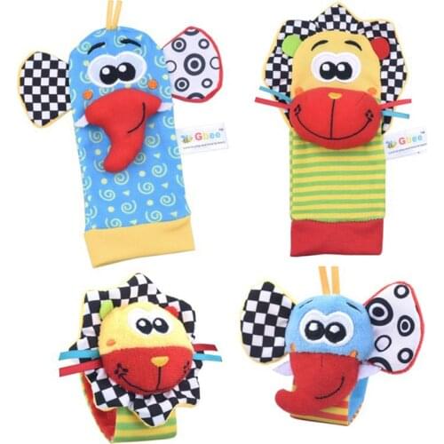 4Pcs/Set Baby Strip Rattles Soft Plush Toys Foot Wrist Rattle Set Cartoon Newborn Early Educational Toys For Infant 0-24 Months