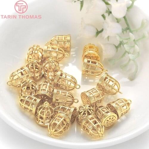 4PCS 9x13MM Hole 1MM 24K Gold Color Plated Brass with Zircon Bird Cage Charms Pendants High Quality Diy Jewelry Accessories