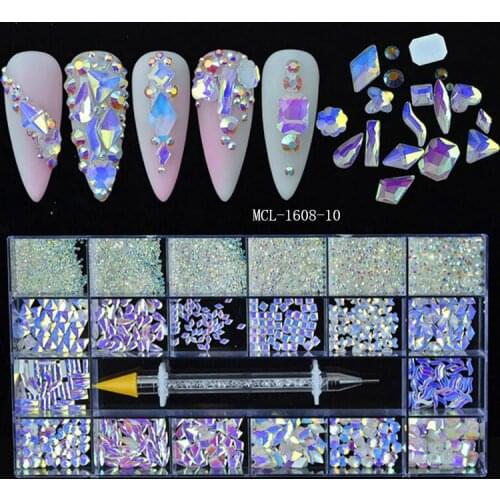 700Pcs/Box Mixed AB Glass Crystal Diamond In Grids 14 Shape And SS3-SS16 Flatback Nail Art Rhinestone Set With 1 Pick Up Pen