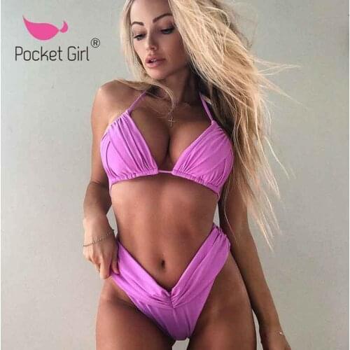 Pocket Girl 2021 Halter Bikini Swimsuit Women Bandage Swimwear Female Solid 2 Piece Suit Brazilian Folds Bathing Suit Sexy New