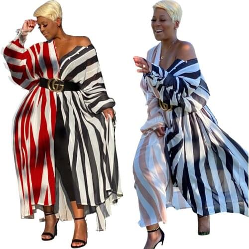 Cutubly Plus Size Dress For Women Street Temperament Striped Loose Dress V-Neck Lace up Sexy Lantern Sleeve Dresses Autumn