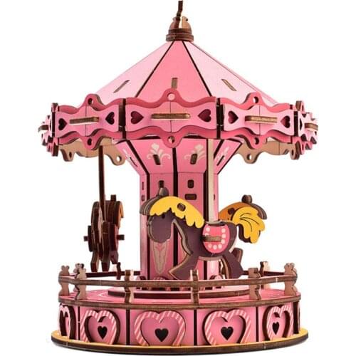 DIY Wooden 3D Carousel Puzzles Assembly Model Art Crafts Education Toy Gift