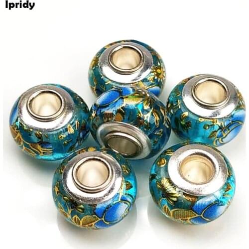 20Pcs/lot 14mm Aqua+Aqua Flower European Beads with Silver Brass Pipe core,Large Hole Glass Beads for Jewelry Making